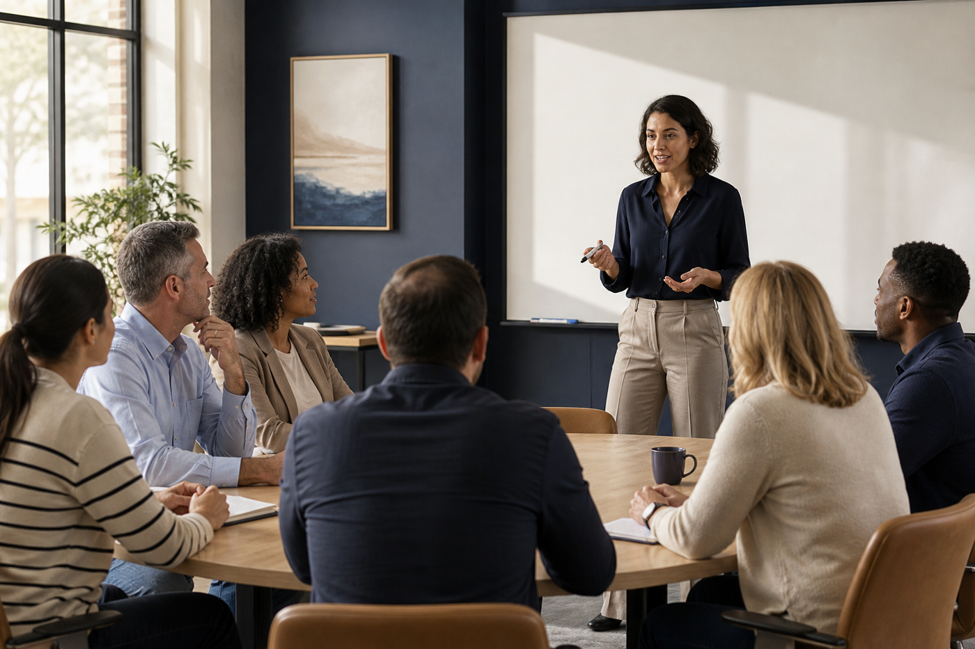 Managers comparing instructor led training vs e-learning in a facilitated classroom workshop