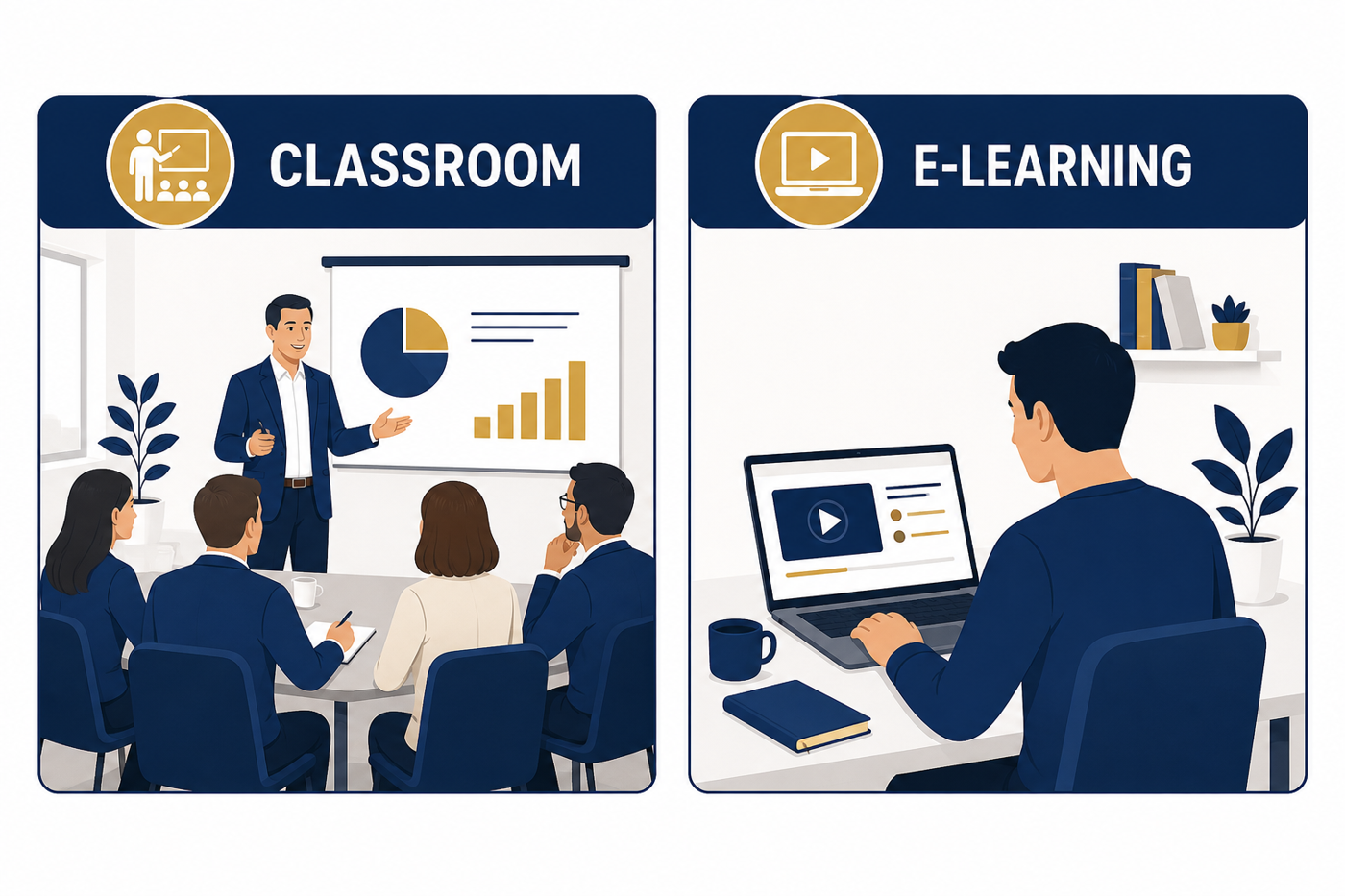 Side-by-side comparison of instructor led training and e-learning for managers
