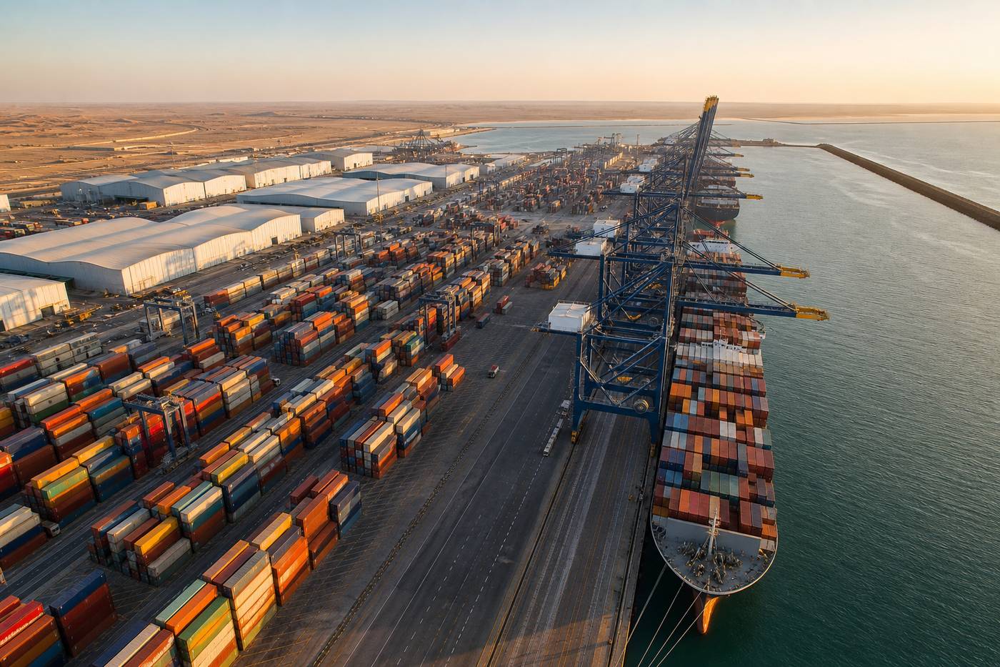 Container terminal and logistics hub operations in a Gulf transhipment port