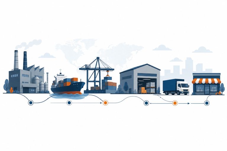 Logistics and supply chain management network from supplier sourcing through warehousing to final customer delivery