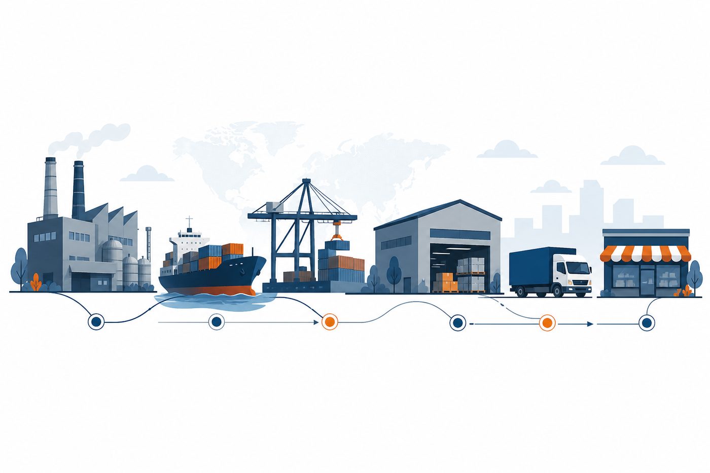 Logistics and supply chain management network from supplier sourcing through warehousing to final customer delivery